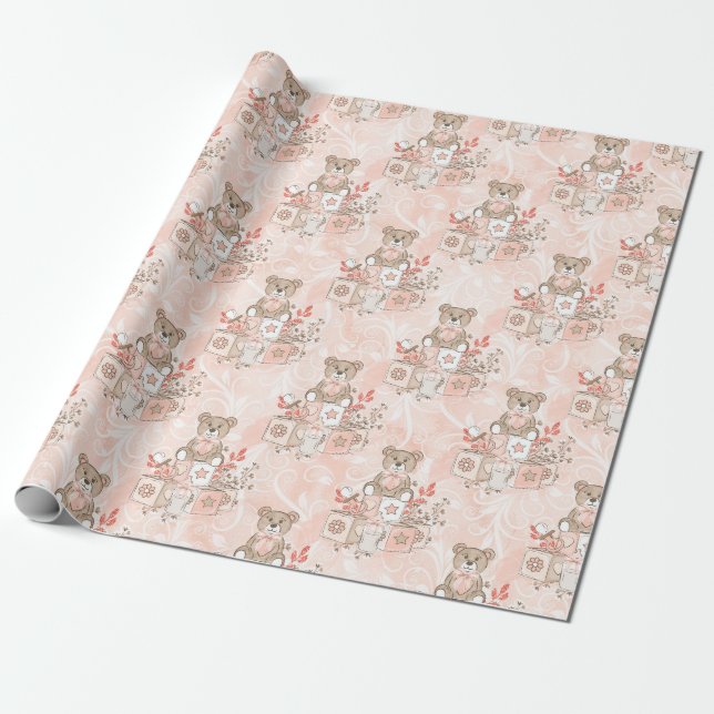 Baby Girl Shower Teddy Bears Wrapping Paper (Unrolled)
