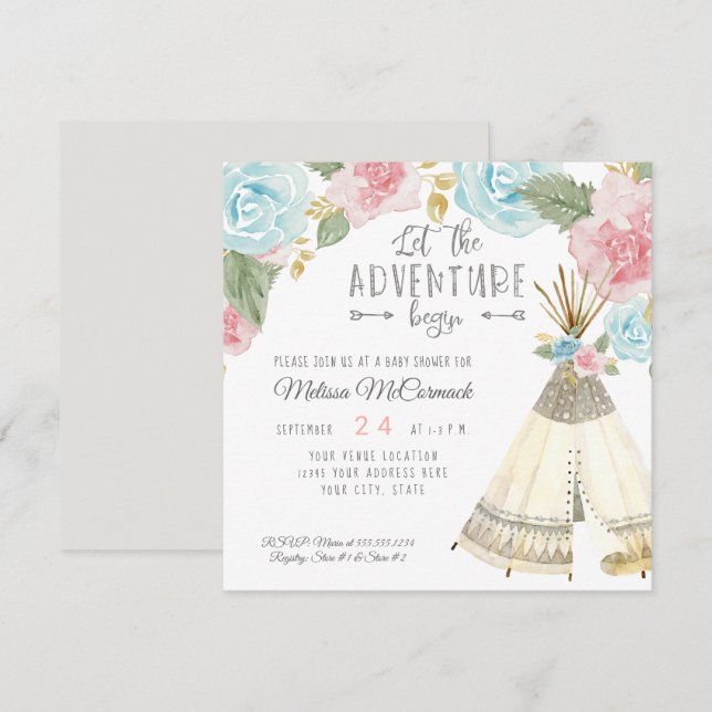 Baby Girl Shower Teepee Grey Adventure Begin Arrow Invitation (Front/Back)