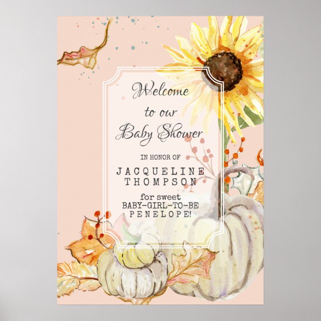 Baby GIRL Shower Welcome Pumpkin N Sunflower Blush Poster (Front)