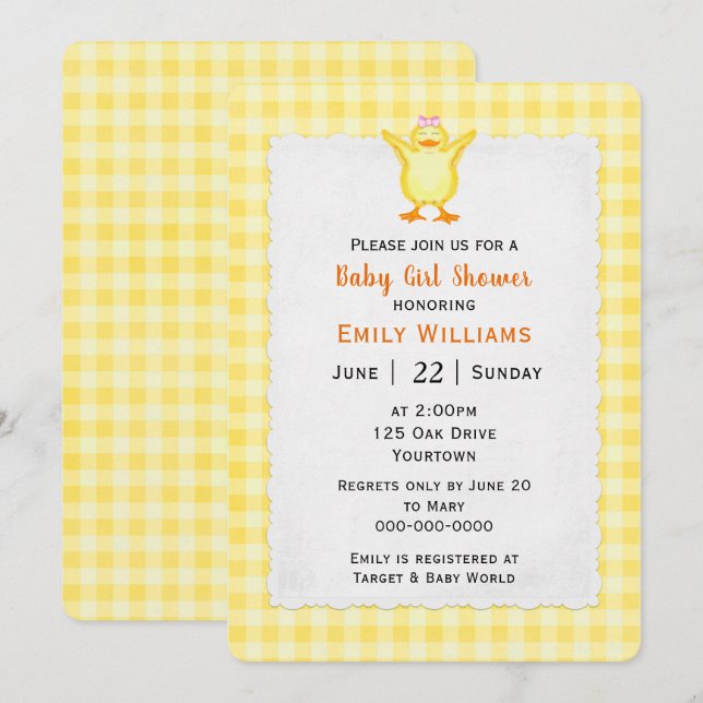 Baby Girl Shower With Duckling Invitation (Front/Back)