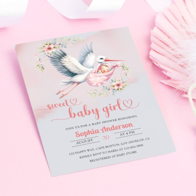 Baby Girl Shower with Stork Illustration – Elegant Invitation (Creator Uploaded)