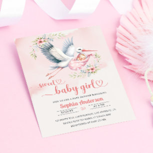 Baby Girl Shower with Stork Illustration – Elegant Invitation