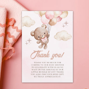 Baby Girl Shower with Watercolor Bear & Balloons Thank You Card