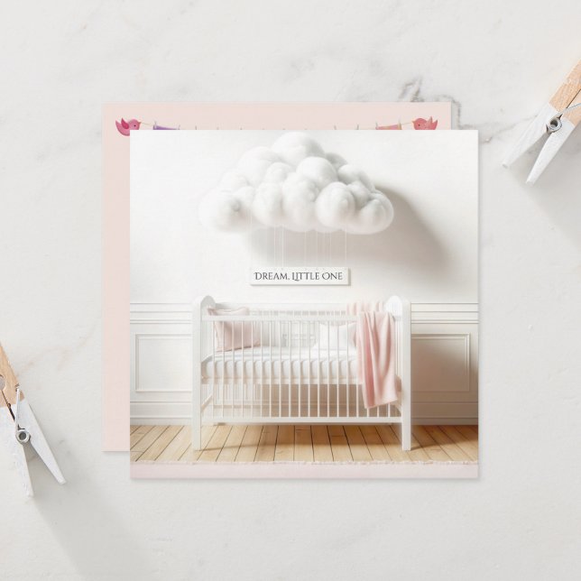 Baby Girl Shower With White Crib and Cloud Invitation (Front/Back In Situ)