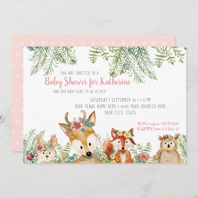 Baby Girl Shower Woodland Animals Boho Deer n Fox Invitation (Front/Back)