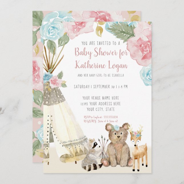 Baby Girl Shower Woodland Bear Deer Floral Teepee Invitation (Front/Back)