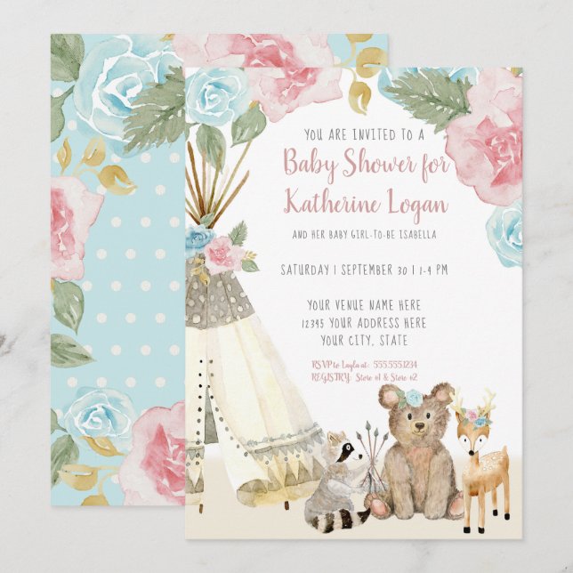 Baby Girl Shower Woodland Bear Deer Floral Teepee Invitation (Front/Back)
