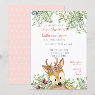 Baby Girl Shower Woodland Forest Boho Deer Floral Invitation