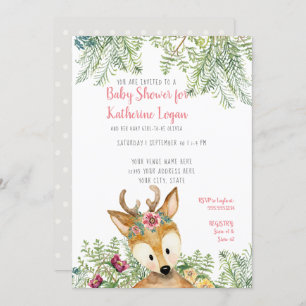 Baby Girl Shower Woodland Forest Grey Deer Floral Invitation
