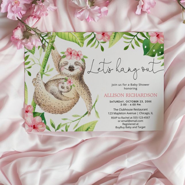 Baby girl sloth pink greenery tropical baby shower invitation (Creator Uploaded)