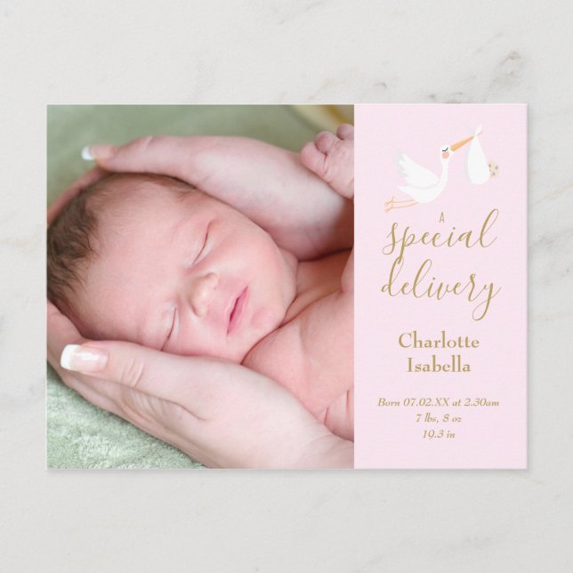Baby Girl Special Delivery Stork Photo Pink Birth Announcement Postcard (Front)