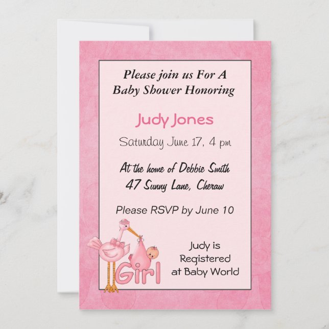 Baby Girl  Stork Shower Invitations (Front)