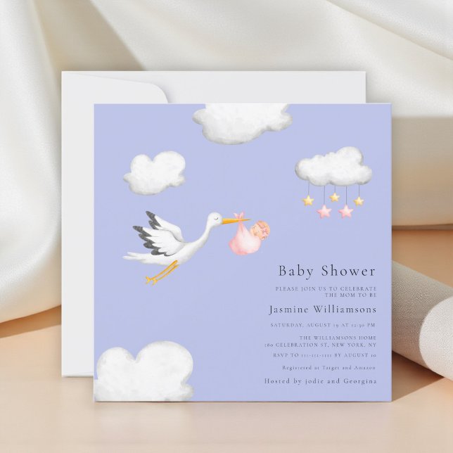 Baby Girl Stork Shower Lavender Invitation (Creator Uploaded)
