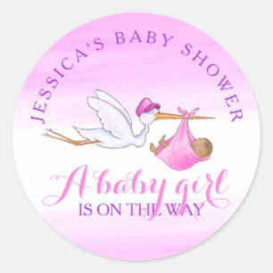 Baby girl stork watercolor pink custom baby shower classic round sticker