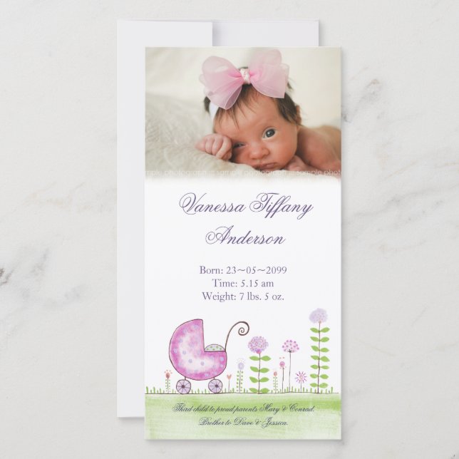 Baby Girl Stroller Birth Announcement Photo Cards (Front)