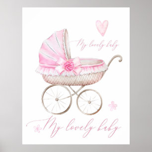 Baby Girl Stroller Newborn Nursery Watercolor Pink Poster