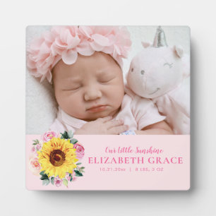 Baby Girl Sunflower Pink Floral Personalised Photo Plaque