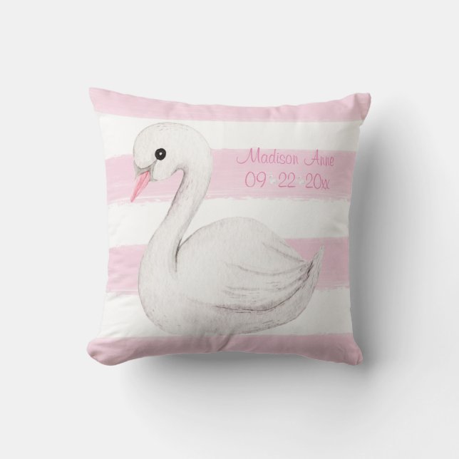 Baby Girl Swan Pink Script Personalise Keepsake Cushion (Front)
