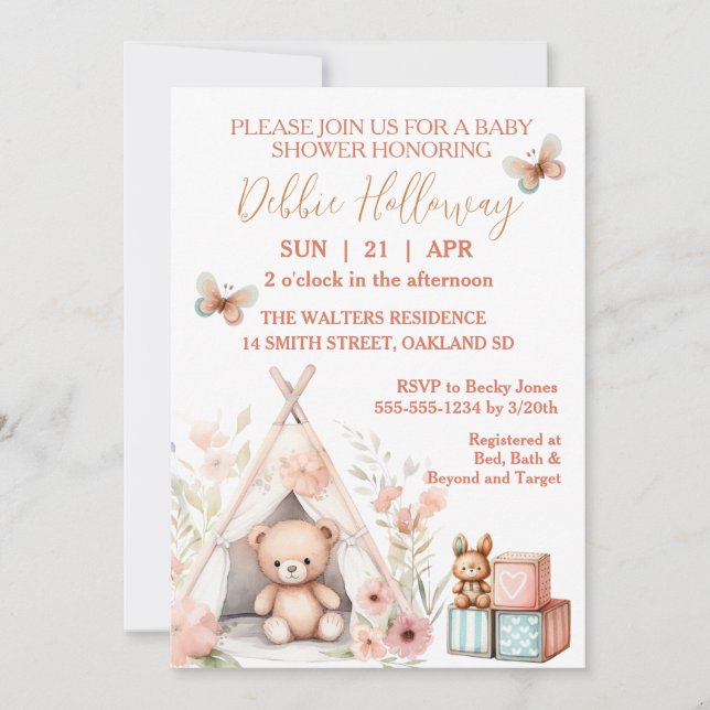 Baby Girl Teddy Bear in Teepee Baby Shower Invitation (Front)