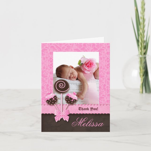 Baby Girl Thank You Card Cake Pops Pink Cute (Front)