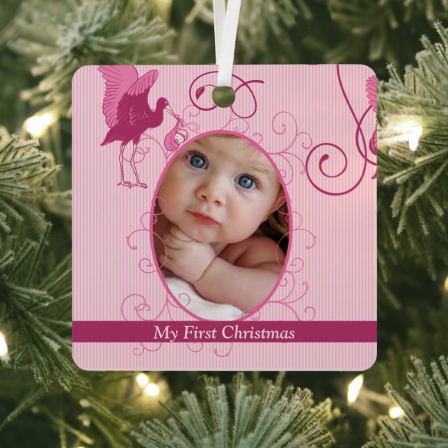Baby Girl Tiny Tee Photo Ornament with Birth Stats (Insitu)