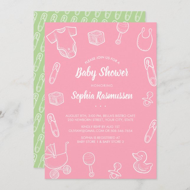 Baby Girl Toys Clothes Pink Baby Shower Invitation (Front/Back)