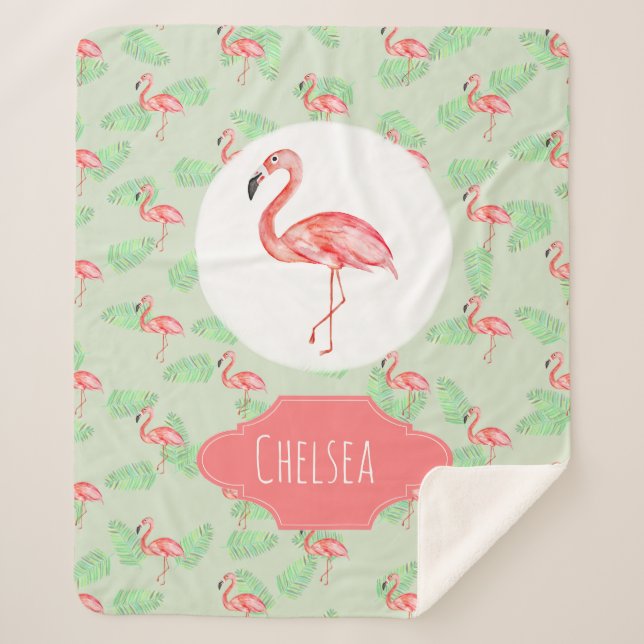 Baby Girl Tropical Watercolor Flamingo Name Kids Sherpa Blanket (Front)