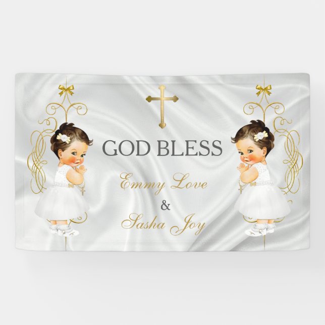 Baby Girl Twins Baptism Christening Gold Banner (Horizontal)