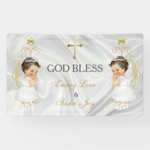 Baby Girl Twins Baptism Christening Gold Banner
