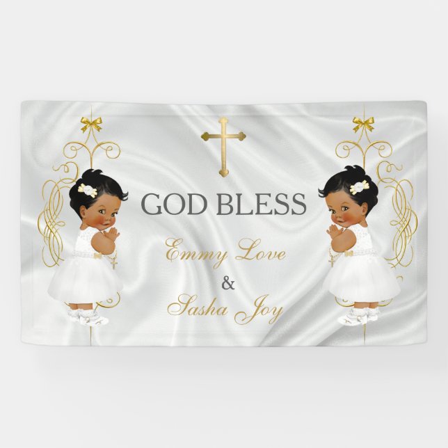 Baby Girl Twins Baptism Christening Gold Ethnic Banner (Horizontal)