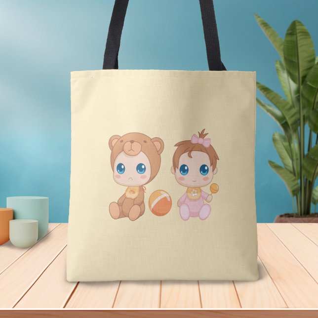 Baby Girl Twins Bear Jumpsuit on Yellow Tote Bag (Creator Uploaded)