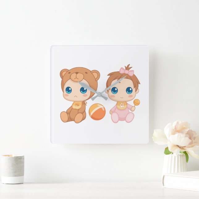Baby Girl Twins Bear Jumpsuit Square Wall Clock (Home)