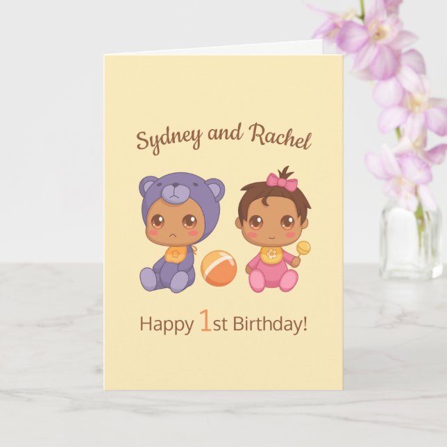 Baby Girl Twins First Birthday Yellow Blank 2 Card (Orchid)