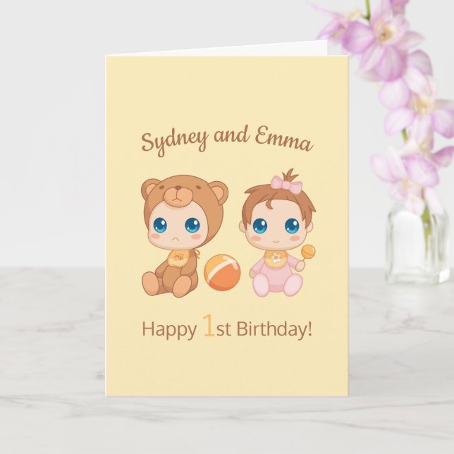 Baby Girl Twins First Birthday Yellow Blank Card (Orchid)