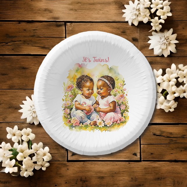 Baby Girl Twins of Colour Baby Shower Paper Plate (Creator Uploaded)