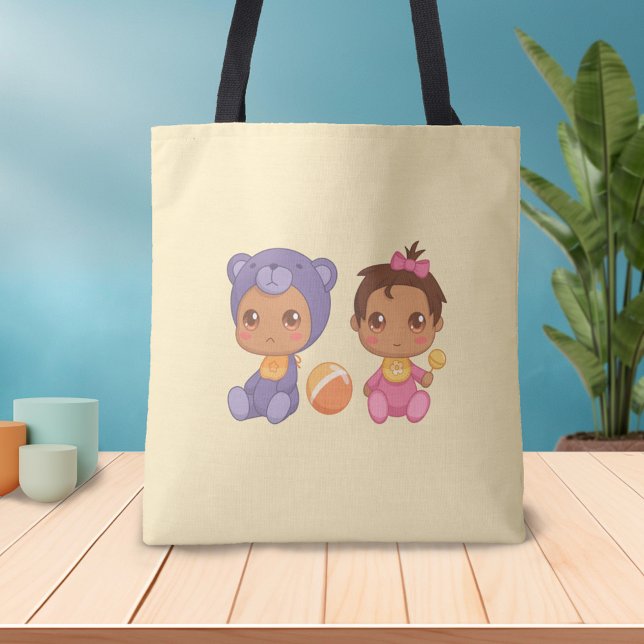 Baby Girl Twins Purple Bear Jumpsuit on Yellow Tot Tote Bag (Creator Uploaded)