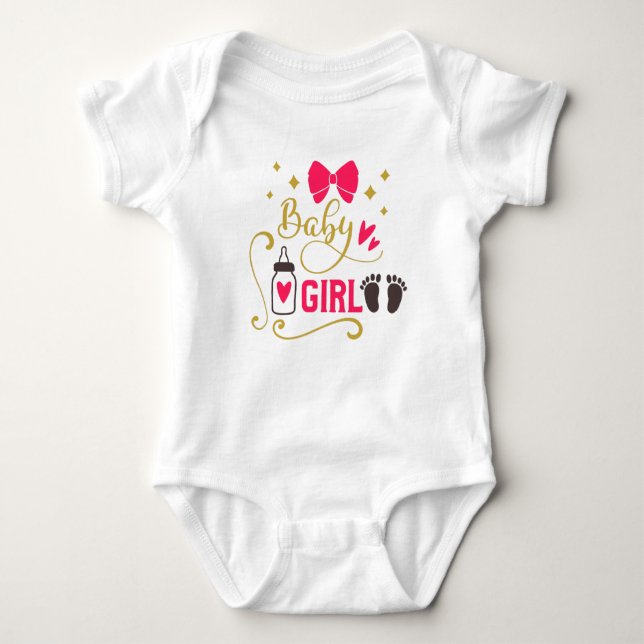“Baby Girl” Typography Pink Girly Baby Glam Gold Bodysuit (Front)