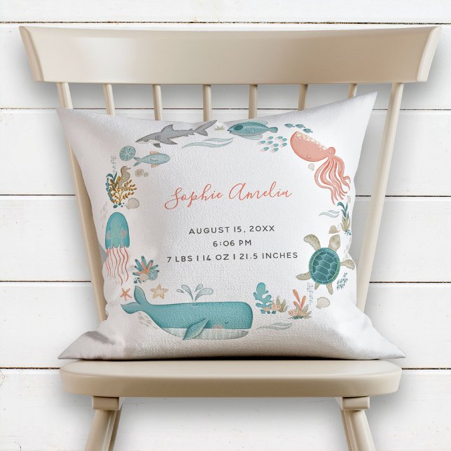 Baby Girl Under the Sea Birth Stats Keepsake Cushion (Creator Uploaded)