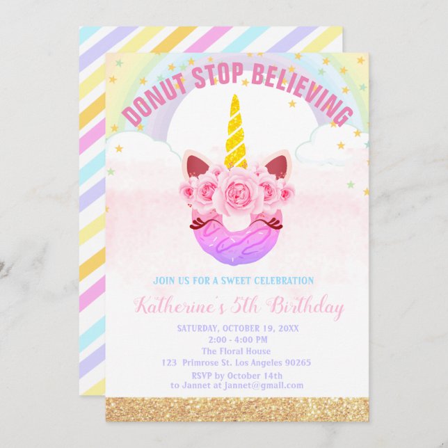 Baby Girl Unicorn Doughnut Stop Believing Birthday Invitation (Front/Back)