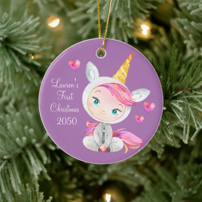Baby Girl Unicorn First Christmas Ceramic Ornament (Tree)