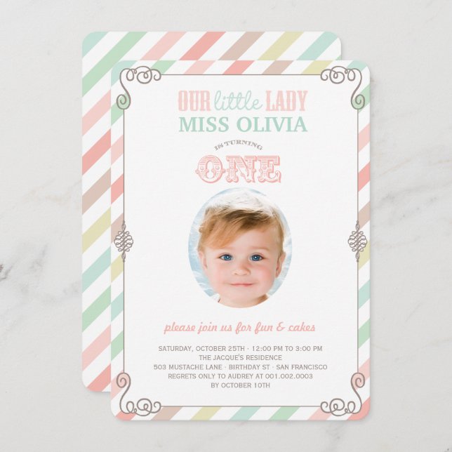 Baby Girl Vintage 1st Birthday Party Photo Invite (Front/Back)