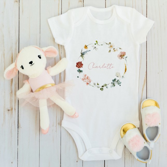 Baby Girl Watercolor Floral Name Script Bodysuit (Pink Baby Bodysuit)