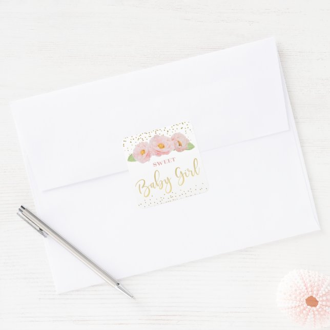 Baby Girl Watercolor Flowers Pink Gold Shower Square Sticker (Envelope)