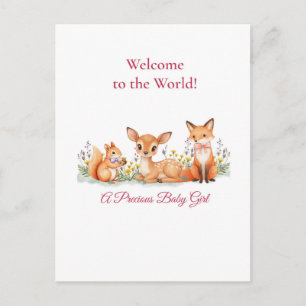 Baby Girl Welcome Woodland Animals Deer Fox Squirr Postcard