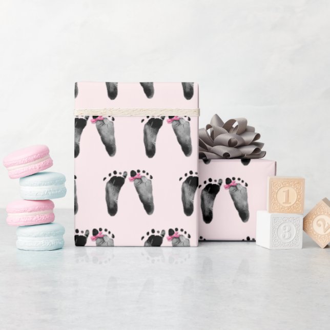 Baby Girl with Bow Footprints Wrapping Paper (Baby Shower)
