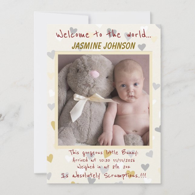 Baby Girl with her bunny New Arrival Announcement (Front)