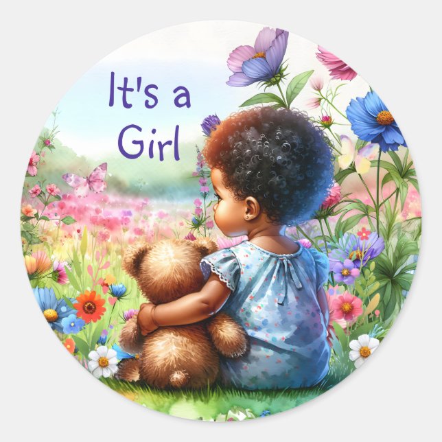 Baby Girl with Teddy Bear Baby Shower It's a Girl Classic Round Sticker (Front)
