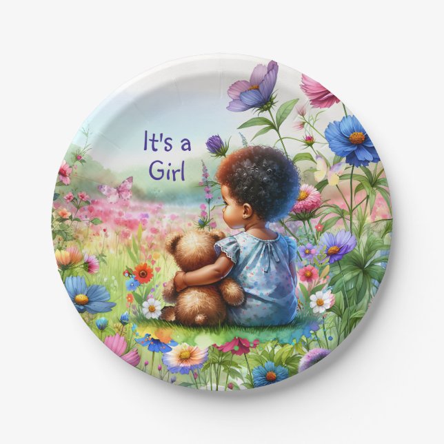 Baby Girl with Teddy Bear Baby Shower It's a Girl Paper Plate (Front)
