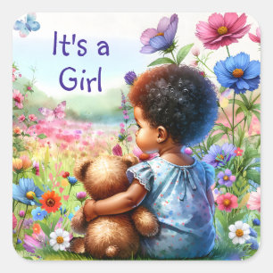 Baby Girl with Teddy Bear Baby Shower It's a Girl Square Sticker