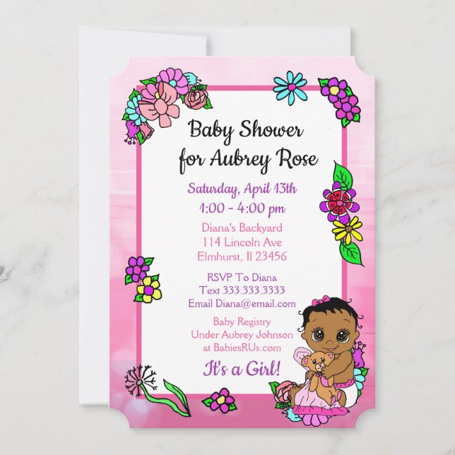 Baby Girl with Teddy Bear Pink Baby Shower Ethnic Invitation (Front)